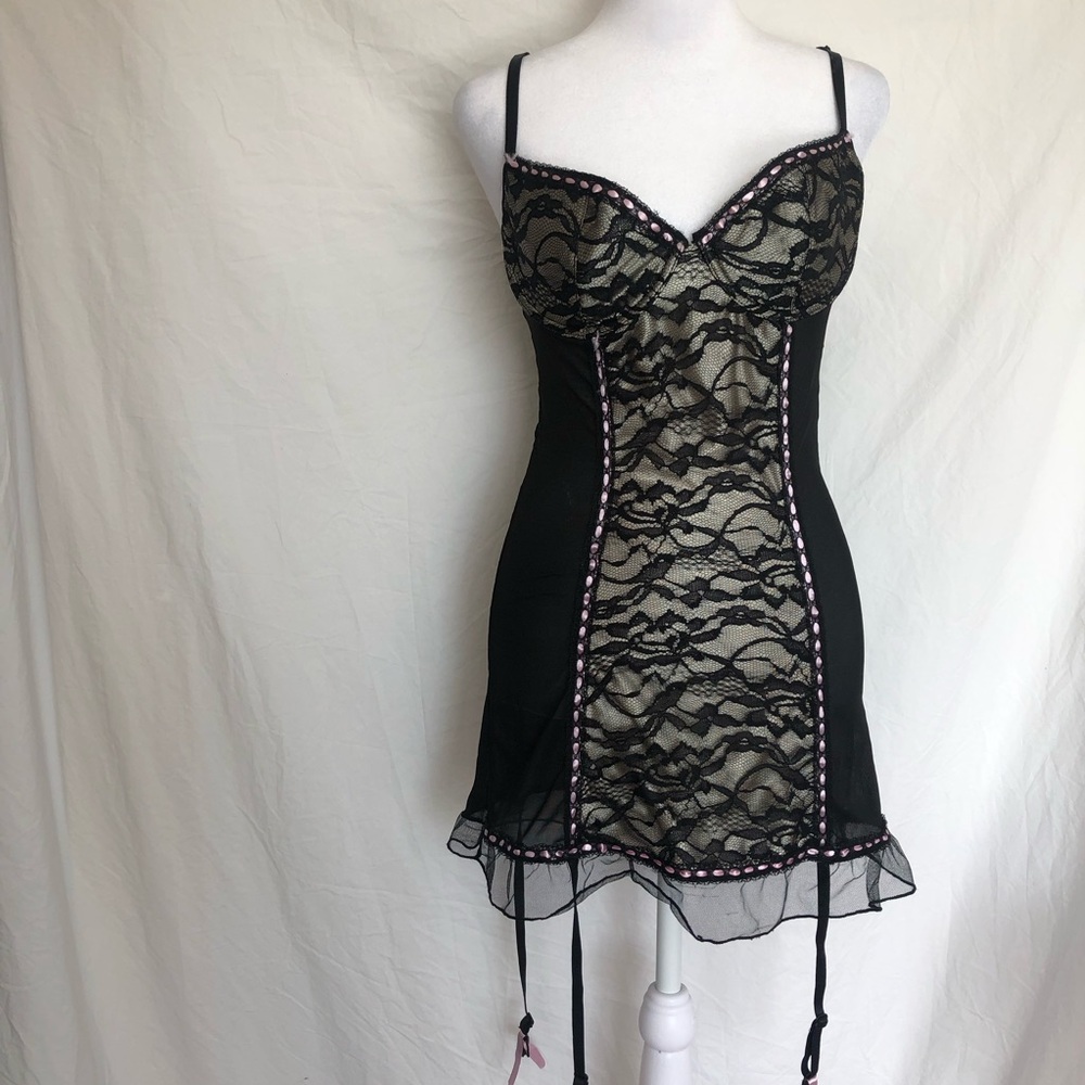 Black Green and Pink Lace Sheer Bustier Dress
